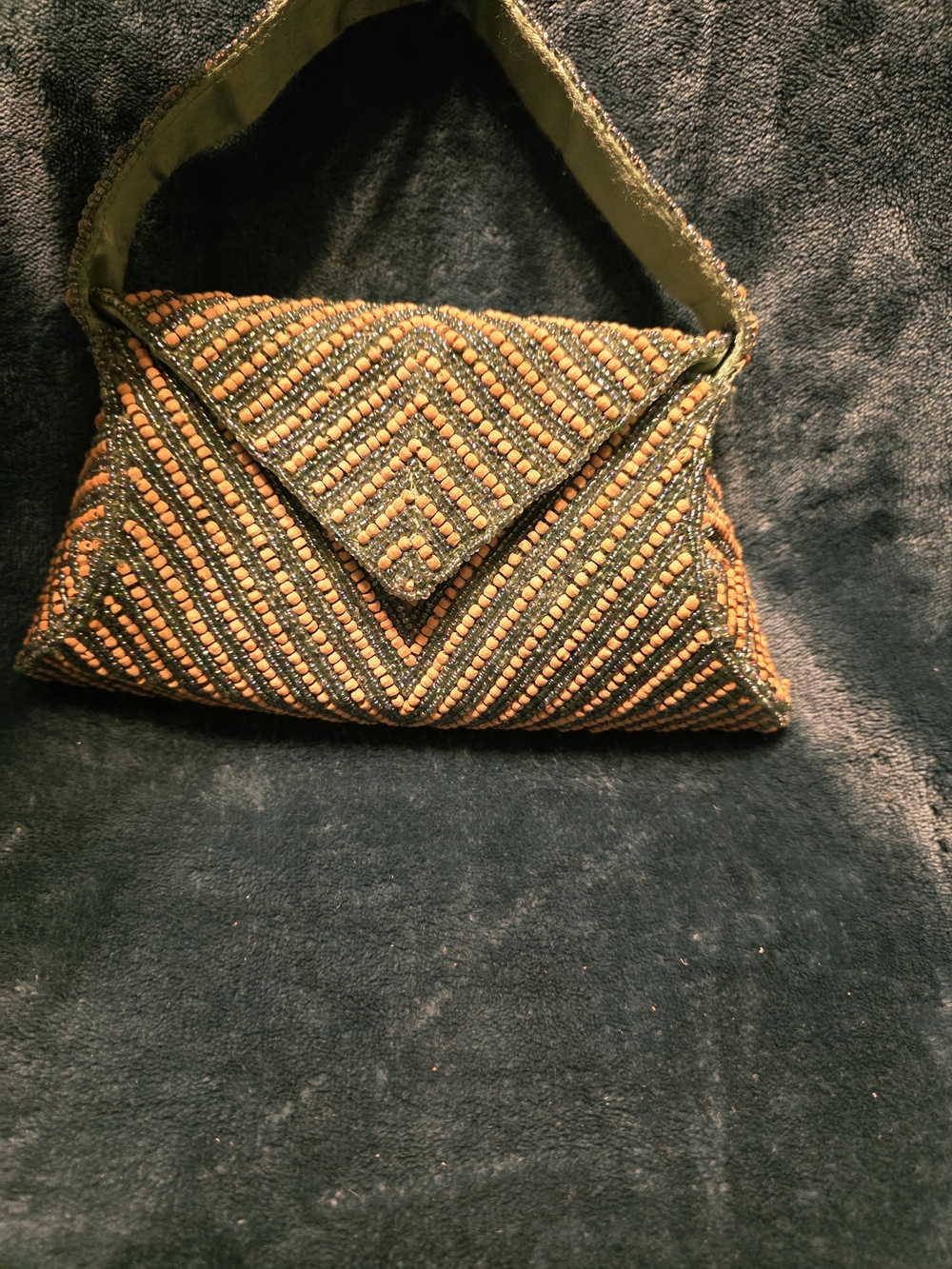 Vintage Beaded Chevron Envelope Clutch in Olive and Orange